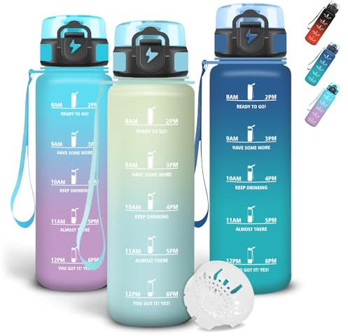 Grsta Wasserflasche 1l, Trinkflasche mit Filter und Schnürung, Auslaufsichere Trinkflasche Sport, Sichere Verriegelung, Mit Zeitmarkierung, Flasche für Camping, Joggen, Yoga