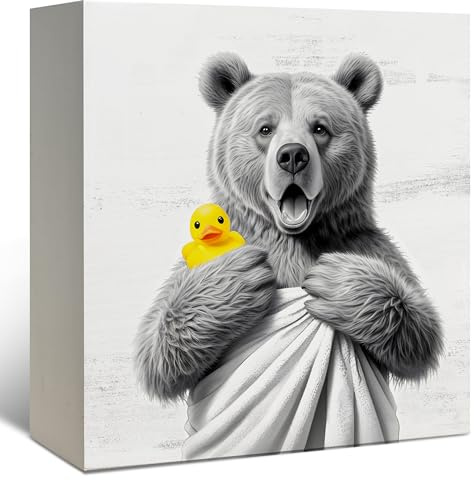 DAYOUER Funny Bear Bathroom Decor, Bear Themed Gifts Wooden Box Sign, Funny Wild Animal Rubber Duck Wood Signs for Yoga Spa Gym Restroom Powder Room Counter Shelf Wall Decoration 5x5 Inch