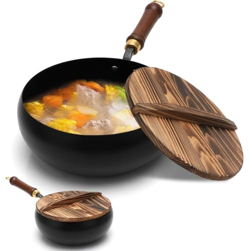 Wapasezyar Sartén de hierro forjada sin recubrimiento, sartén de hierro, olla de hierro forjado a mano con función de almacenamiento de calor, sartén antiadherente, sartén grande, para cocina de gas y