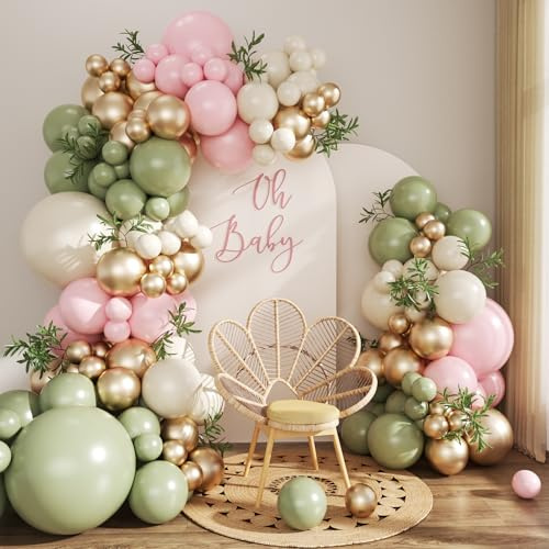 Sage Green Pink Gold Balloon Arch Kit, 128Pcs Sage Green Pastel Pink Light Pink Gold Sand White Balloons for Boho Baby Shower Wedding Bridal Shower Gender Reveal Birthday Party Decorations