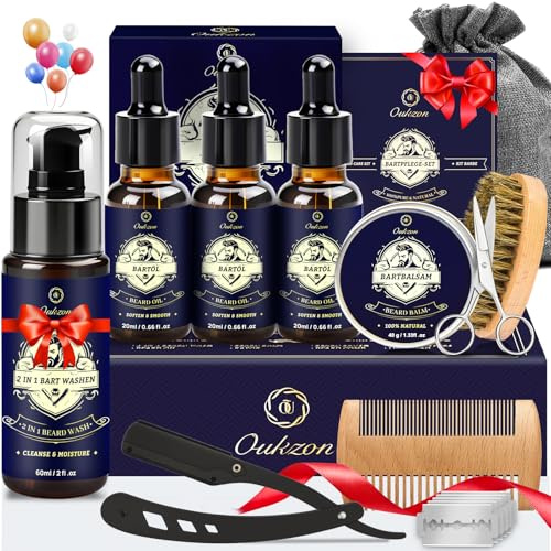 Oukzon Bartpflege Set für Männer, 10 in 1 Bartpflege Männergeschenke mit 60ML Bartshampoo, 60ML Bartöl, Bartbalsam, Bartkamm, Bartbürste, Bartschere, Rasiermesser, Geschenke für Männer Weihnachten