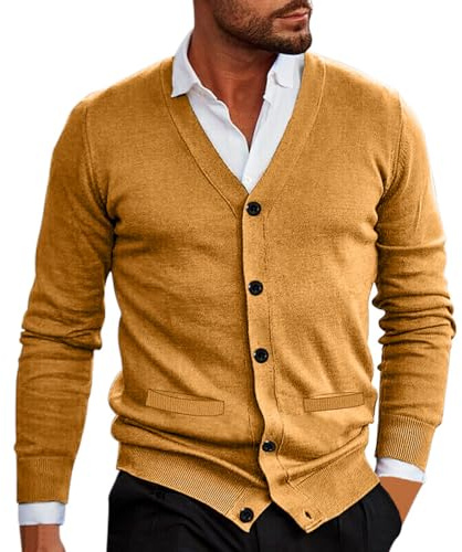 Generisch Cárdigan para hombre con cuello en V, jersey de punto ajustado, camisa de punto fino, chaqueta ligera, chaqueta de entretiempo, botones, estilo elegante, suéter de mezcla de lana, suéter de