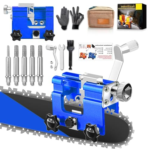 Chain Saw Sharpening Jig, Chain Saw Sharpener Tool with 5Pcs Tungsten Carbide Chainsaw Sharpener Bits, Blue Portable Manual Chainsaw Chain Sharpening Jig Kit for 4-22 Chain Saws,