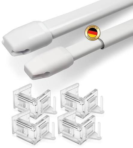 Rollina Gardinenstange ohne Bohren 40-60cm | Set Gardinenstangenhalter | 2x Vitragestange ausziehbar + 4 Gardinenstangenhalter 15-23mm Rahmenstärke | Scheibengardinenstange Küche Bad zum Klemmen