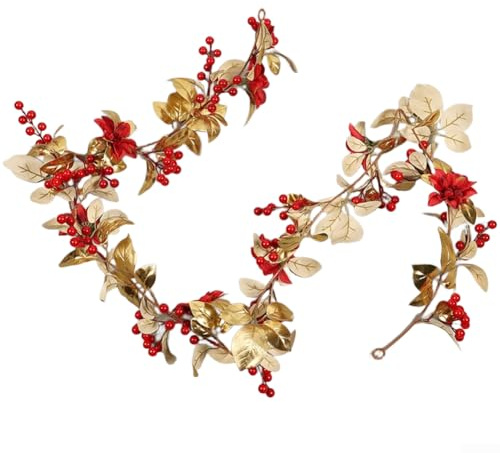Decorazioni natalizie, 160 cm, ghirlanda di bacche di agrifoglio con foglie dorate, ornamento per casa, hotel, feste, matrimoni, decorazioni