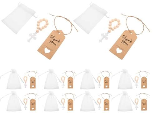 LOORGVEL 10 Set Rosari Battesimale Perline in Legno e Croce Intagliata a Mano, Bomboniere Battesimo Sacchetti di Garza e Biglietti, Regalo Religioso per Prima Comunione e Cresima