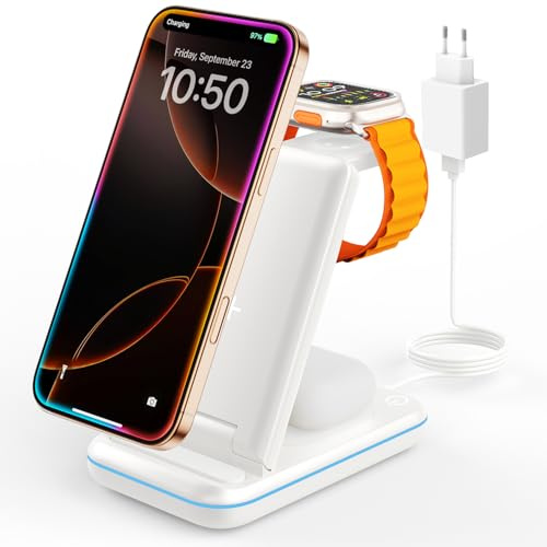 JoyGeek 3 en 1 Cargador Inalámbrico Plegable – Cargador Inalámbrico Compatible con iPhone 17/16/15/14/13/12/11/X, Apple Watch Ultra/SE/11–8 y AirPods Pro/4/3/2,Ideal para Viajes y Escritorio