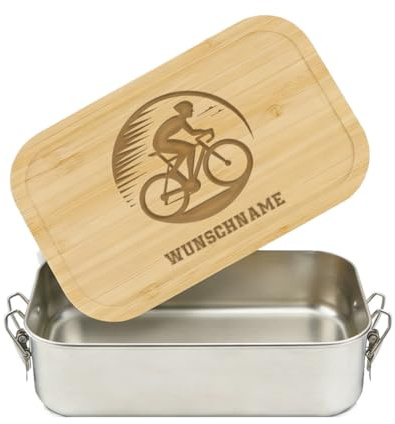 LIEBTASTISCH® Personalisierte Brotdose mit Wunschname - Rennradfahrer im Kreis Gravur - Edelstahl Radsport Geschenk Fahrrad Männer Papa - mit Bambusdeckel Radfahrer - Lunchbox