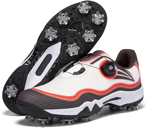 Wizeny Scarpe da Golf Impermeabili da Uomo con 8 Chiodi Scarpe da Ginnastica Golf Professionali Leggere Antiscivolo Estive,Red Brown,43 EU