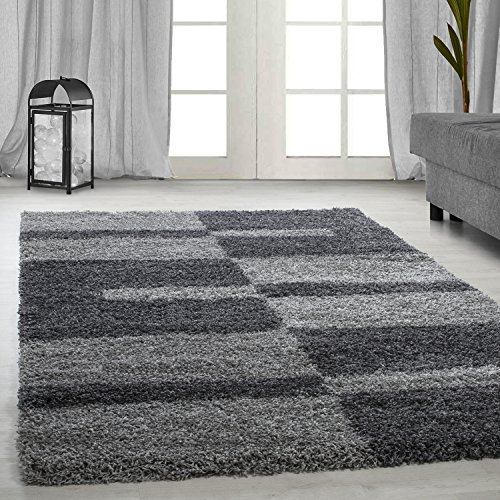 Carpetsale24 Hochflor Teppich 160 x 230 cm Grau – Weicher Shaggy Flokati im Karierten Design – Vielseitiger Wohnteppich für Schlafzimmer, Wohnzimmer oder Essbereich – Pflegeleicht