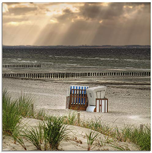 ARTland Wanddeko Glasbilder Wandbild Glas Bild einteilig Quadratisch Strand Meer Landschaft Natur Ostsee Strandkorb Insel Poel Maritim T9ER