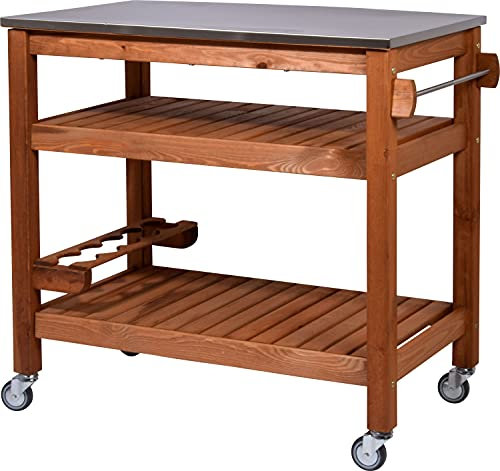 dobar® 35540FSCe Multifunktionstisch | Rollbarer Beistellwagen | BBQ-Trolley Massivholz | Servierwagen mit Edelstahlplatte | Grillwagen mit Ablage | 94 x 58 x 90 cm | Braun