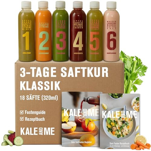 Kale&Me Saftkur Klassik 3 Tage – 18 nummerierte Flaschen mit je 320 ml – 6 verschiedene kaltgepresste Säfte – vegan, ohne Zusatz- & Konservierungsstoffe – 689 kcal pro Tag – mit Kurguide