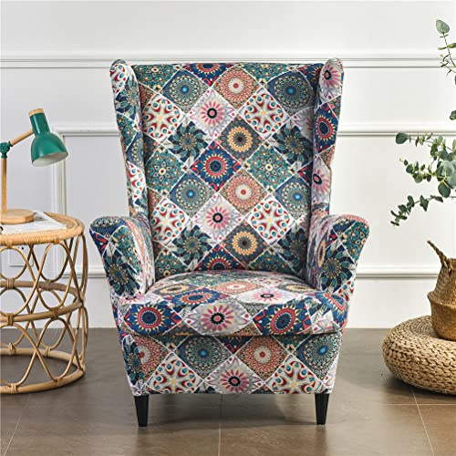 Highdi 2-Teilig Ohrensessel Überzug, Sessel-Überwürfe Ohrensessel Luxuriös Barock Drucken Schonbezüge Bezug Sesselhusse Strandmon Tiger Stuhlbezug mit Armlehne Hohe Rückenlehne (Mandala)
