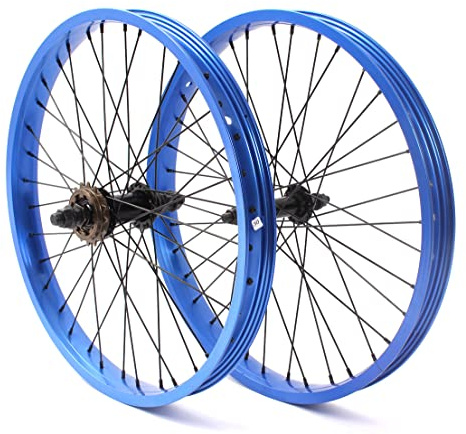 KHE BMX Laufrad Satz BLAU eloxiert Alu Felgen 36 Loch 10mm und 14mm 16T Ritzel