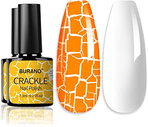 Esmalte de uñas de gel agrietado brano, esmalte de uñas agrietado negro + esmalte de uñas de gel blanco 2 botellas necesitan Luz ultravioleta seca al aire (naranja)