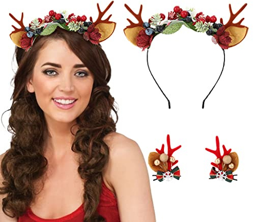 IYOU Haarreif Weihnachten Haarband Haarspangen Rot Rentier Geweih kopfschmuck Blume Liebe Ohr Weihnachts Haarschmuck für Party Halloween Cosplay