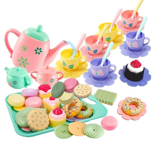 COO11 37PCS Tea Party Set For Children, Toy Tea Set with Mini Cakes, Tea Accessories, Safe Kitchen Pretend Play Tea Set Toys, Washable, Cute and Realistic Colorful Dummy Food, Girls and Boys Ages 3+