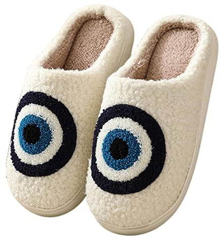 TOBILE Bomullstofflor kvinnor vinter fluffiga pälstofflor plysch fleece platta jul bomullstofflor inomhustofflor för par bomullsskor, blå ögon, 38-39(fit 36-37)