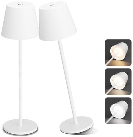 Aipsun 2 Stück Tischlampe Kabellos Weiß, LED akku Tischleuchte, 6000mAh, Dimmbar Touch Akku Tischleuchte, Warmweiß(2700k-6000k), IP54,Outdoor Tischlampe für Restaurant, Schlafzimmer, Bar