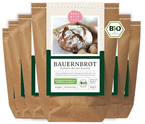 Bio Brotbackmischung Bauernbrot – Sauerteigbrot mit Roggenmehl & Dinkel – für Brotbackautomat & Ofen – frisches Brot backen – Bake with Love – 6er Pack
