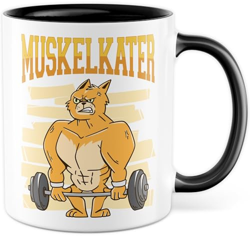 Tasse Gymrat Geschenk Muskelkater, Kaffeetasse lustige Fitness-Freak Geschenkidee, Athlet Bodybuilder Kraftsport Muskel Humor Kaffee-Becher Katze mit Hanteln gym Geschenke für Männer (Weiß/Schwarz)