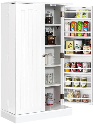 KOMFOTTEU Vorratsschrank mit Doppeltür, Aufbewahrungsschrank mit verstellbaren Einlegeböden, Mehrzweckschrank Apothekerschrank Holz, Beistellschrank für Küche Flur, Weiß