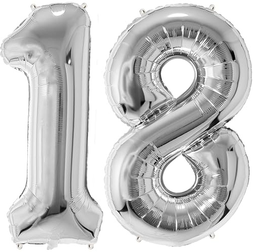 FUNFEST 18 år gamla silverfärgade ballonger 100 cm - födelsedagsballongdekoration - inkluderar 18 år gammal ballong XL och sugrör - flyger med helium - Återanvändbar ballong av högsta kvalitet