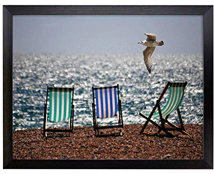 Lap Tray with Cushion | Seascape Seagull Brighton Beach Deckchairs | Padded Bean Bag Cushion | For Eating, Working, Crafting, Laptop | Portable Table Desk