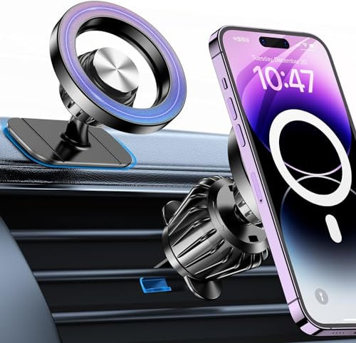 Coolpow Car Phone Holder for MagSafe Car Mount【20X N55 Magnet】Magnetic Phone Holder for Cars Air Vent【360°】Mobile PHone Holder for car Accessories Interior for iPhone 17 16 Metal Ring,Fit MagSafe Case