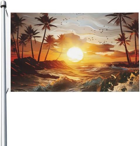 Drapeau de palmiers vagues de l'océan coucher de soleil lys et papillons drapeaux de 0,9 x 1,5 m pour l'extérieur bannière amusante drapeau de jardin impression double face bannières de bienvenue pour