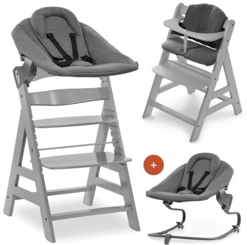 hauck Alpha+ Newborn Set mit Premium Bouncer Dark Grey - Baby Holz Hochstuhl ab Geburt mit Liegefunktion - extra flacher Aufsatz für Neugeborene & Baumwoll Sitzpolster - Grau