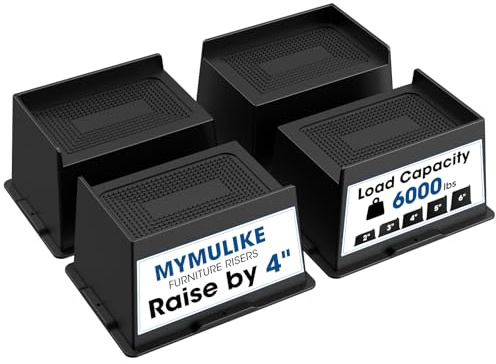 MYMULIKE Bed Risers 4 inch Heavy Duty Furniture Risers, Up to 6000 Lbs Bed lifts Blocks for Couch Desk Sofa Table Bookshelf（Black 4 Pack,4 Inch）