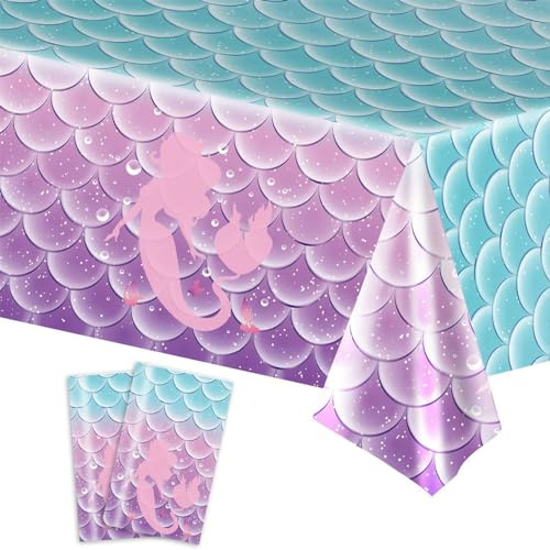 Meerjungfrau Party Tischdecke, 2 Stück Tischdecken Geburtstag 137 x 274cm | Mehrfach Verwendbar, Wasserdicht Tischtuch, Meerjungfrau Thema Geburtstag Party Dekoration für Kinder Mädchen Jungen
