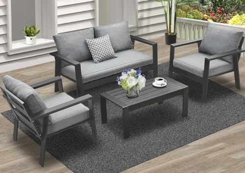 GLP Gartenmöbel Set Aluminium 4 TLG, 2-Sitzer Sofa, 2 x Einzelsessel, 1 x Couchtisch, 7 x Auflagen, wetterfest Balkonmöbel für Garten, Balkon & Terrasse (grau)