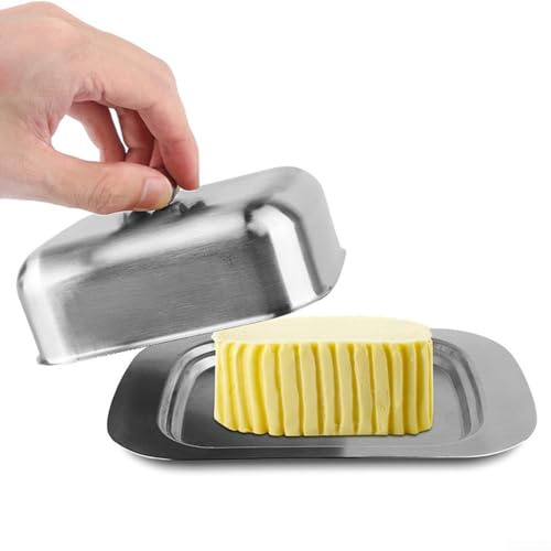 Mantequera de acero inoxidable con tapa, mantequillera de cocina, almacenamiento de mantequilla, frutos secos hechos en casa, postre de queso (cubierta de metal)