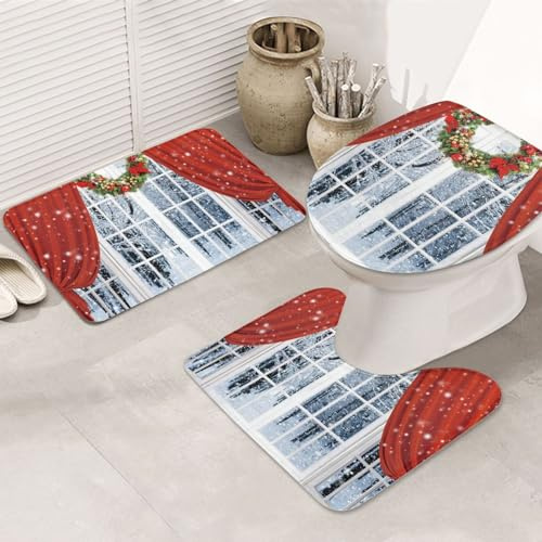 Weihnachts-Badematten-Set aus Flanell, rutschfest, 3 Stück, 80 x 50 cm, Badezimmerteppich-Set, Badematte + U-förmiger WC-Vorleger + O-förmiger Toilettensitzbezug
