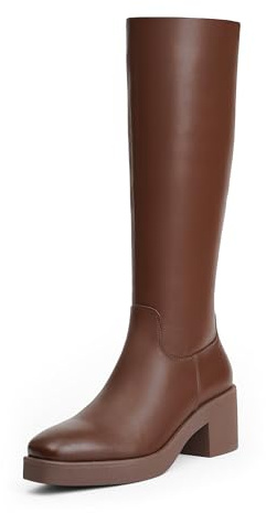 Modatope Plateau-Stiefel, kniehoch, quadratischer Zehenbereich, klobiger Absatz, seitlicher Reißverschluss, Blockabsatz, Damenstiefel mit Absatz, A-braun, 39 EU