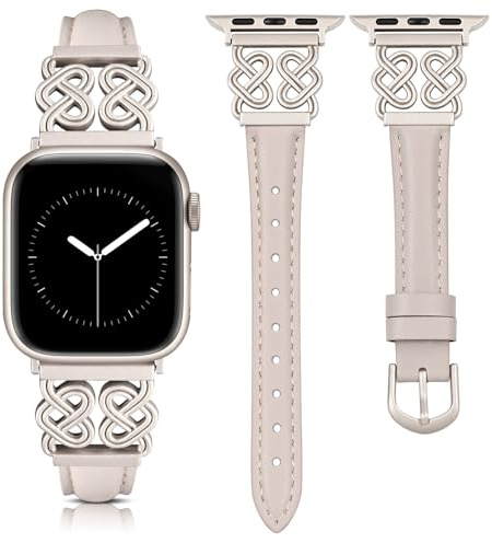 TOYOUTHS Leather Strap Compatible with Apple Watch Straps Women 42/41/40/38mm Dressy Slim Leather Strap with Heart Knot Buckle for iWatch Series 11 10 9 8 7 6 5 4 SE 3 2 1, Starlight/Starlight
