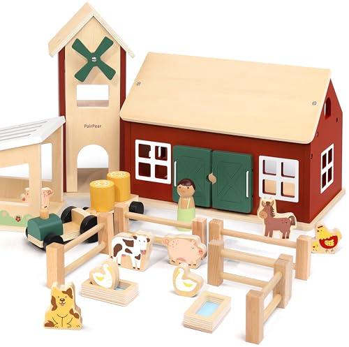 PairPear Bauernhof Spielzeugset aus Holz Kinder Spielset mit Bauernhof Farmtiere, Traktor, Figuren, Zäunen, Spielzeug Scheune mit Zubehör Kinder Geschenk für Mädchen und Jungen ab 3 Jahren Wooden Farm