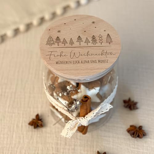 hellomini Personalisiertes Vorratsglas mit Holzdeckel, Keksdose mit Gravur, Geschenk zu Weihnachten, Keksglas mit Buchenholz Deckel, Zwei Größen (Wald, 750ml)