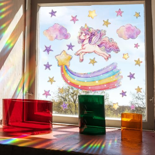 WandSticker4U®- Fensterbilder EINHORN & REGENBOGEN & STERNEN Mädchen (55x35 cm) I Fenstersticker Einhorn Regenbogen Suncatcher Sticker Rainbow I Prisma Fensteraufkleber Fensterdeko Frühling Sommer