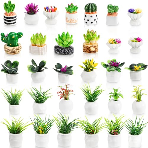 Pumtus 31 PCS Miniature Potted Plants, Vivid Mini Artificial Bonsai Plants, 1:12 Resin Tiny Dollhouse Flowerpot Decor, Realistic Fake Greenery Ornament, Cute Succulent Planter Models for DIY Crafts