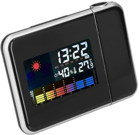 Beufee Projektions wecker, Indoor-Thermometer Temperatur-Feuchtigkeit Monitor LCD-Farbdisplay LED-Hintergrund Beleuchtung Wetterstation Uhr (Schwarz ohne Verkabelung)