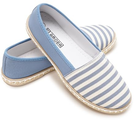 GLAMORA Alpargatas Mujer Lona a Rayas, Bailarinas Esparto Mujer Suela Goma Antideslizante, Manoletinas Planas Verano Comodas, Zapatos Slip On Mujer Ligeros Transpirables Calzado Verano Mujer
