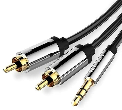 Watio Wave Cavo audio da 1 m con connettore jack maschio da 3,5 mm e 2 connettori rca maschio, colore nero e argento, ideale per audio di alta qualità. *