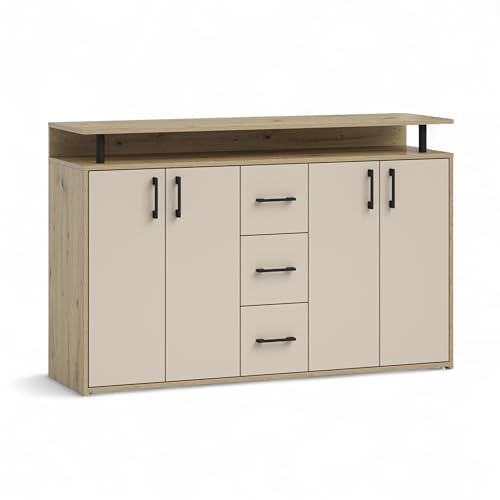 DRIFT Highboard Kommode mit Ablage in Kaschmir und Artisan Eiche Optik | 139 x 90 x 34 cm (B/H/T), 4 Türen, 3 Schubladen, offenes Ablagefach, Stauraum für Wohnzimmer oder Schlafzimmer