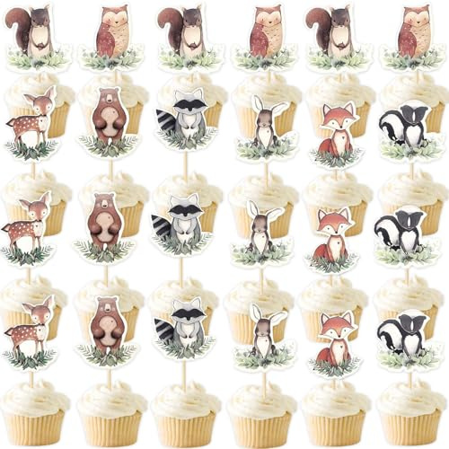 Woodland Animal Tortendekoration, 24Stk Tier Geburtstag Party Dekoration Zubehör, Fuchs Hirsch Eichhörnchen Cupcake, Baby Shower Willkommen Baby Geburtstag Dschungel Tier Thema Party Dekorationen