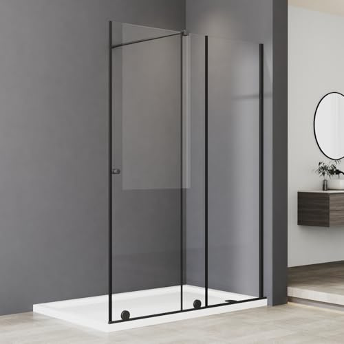 Walk in Dusche mit Schiebetür Walk In Duschwand 140x185cm 6mm ESG Sicherheitsglas Duschkaine Duschtür Schiebetür Duschabtrennung Duschtrennwand Echtglas-Dusche, Links und Rechts montierbar, Schwarz