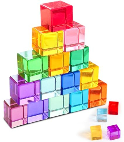 LOMUG Regenbogen-Bauklötze Aus Acryl - 16 Bunte Edelsteinwürfel, Motorik- Und Sinnesspielzeug, Stapelspielzeug, Lernspielzeug Für Kinder, Ab 3 Jahren